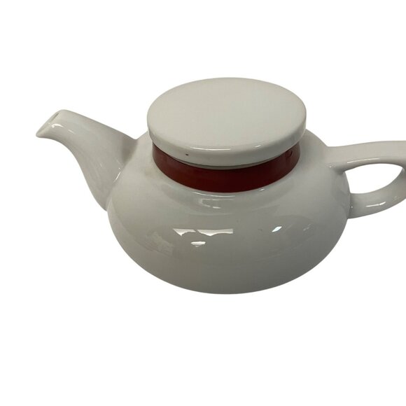 Toscony Vintage White Ceramic Teapot With Red Accent Band 4" x 8.5" - Picture 1 of 6